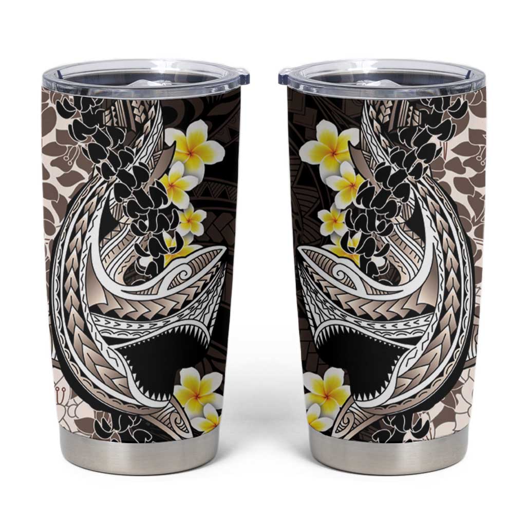 Brown and Black Hawaii Shark Tattoo Tumbler Cup Puakenikeni Lei Plumeria Polynesian Pattern - Polynesian Pride