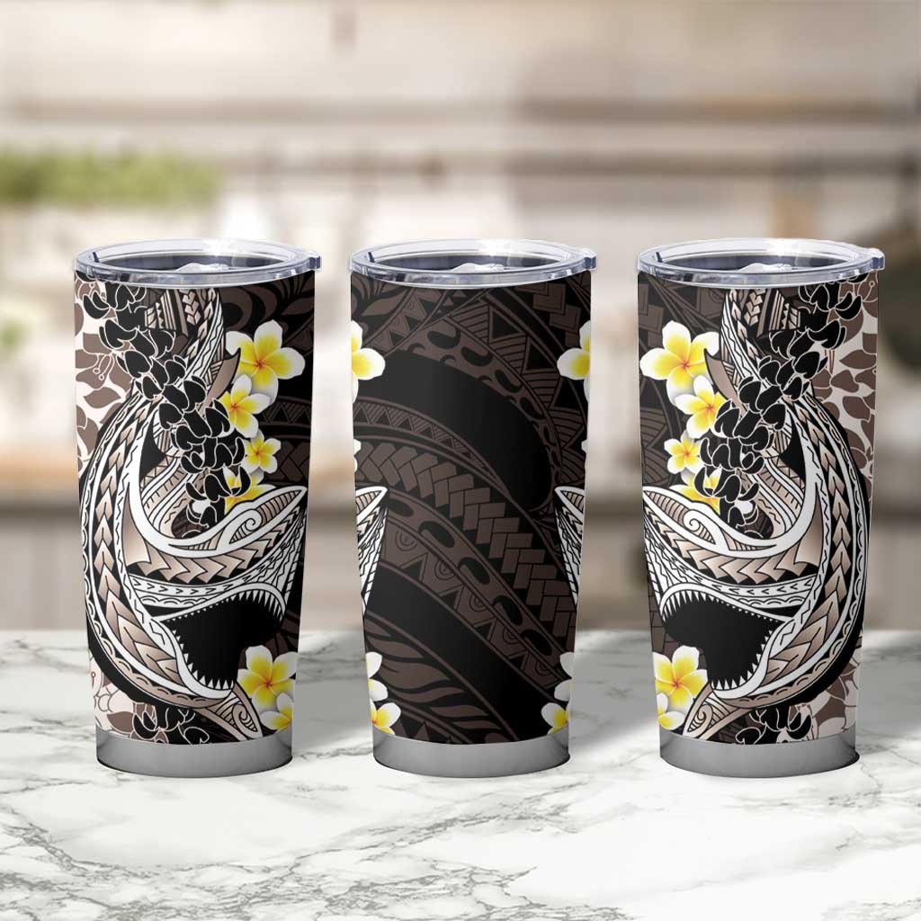 Brown and Black Hawaii Shark Tattoo Tumbler Cup Puakenikeni Lei Plumeria Polynesian Pattern - Polynesian Pride