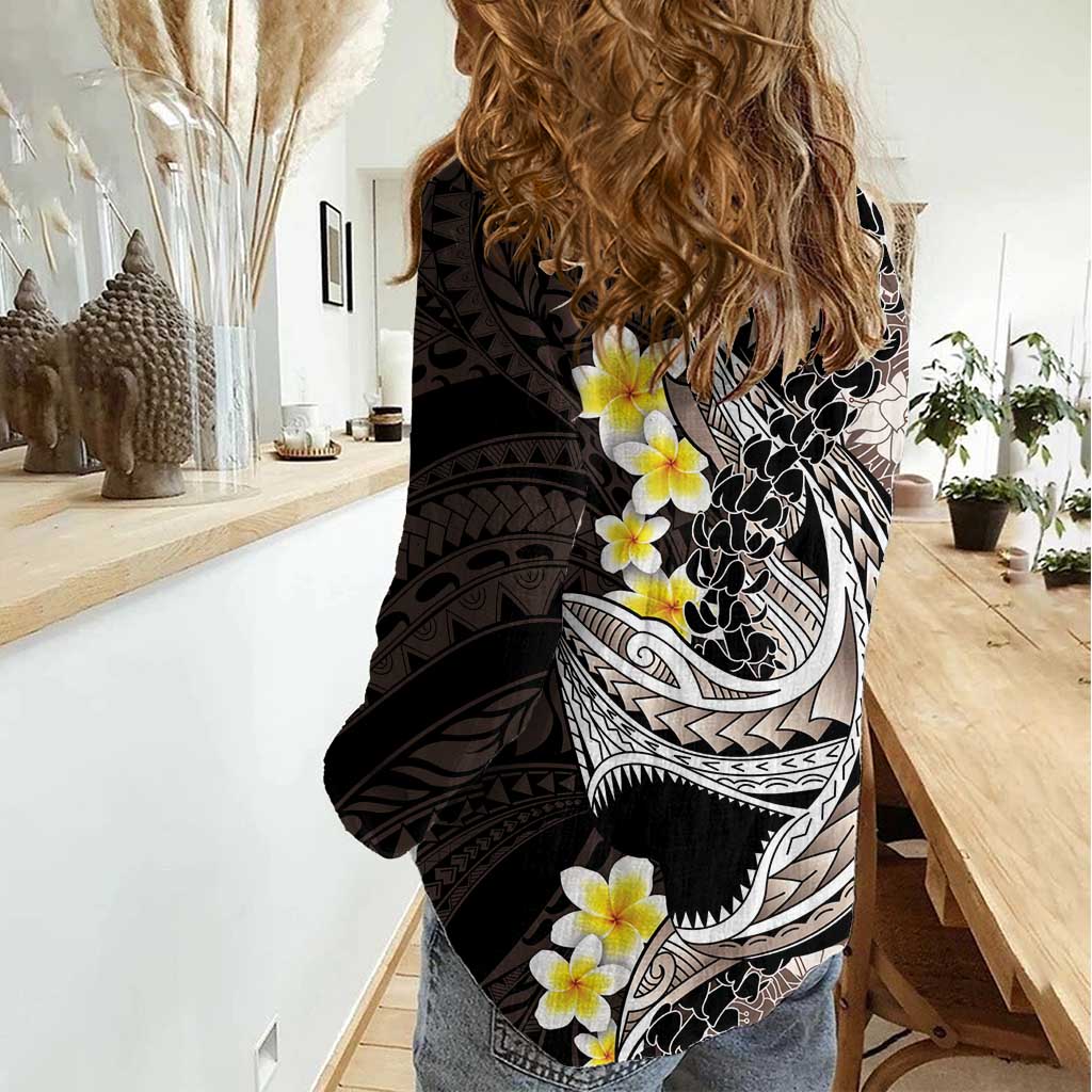 Brown and Black Hawaii Shark Tattoo Women Casual Shirt Puakenikeni Lei Plumeria Polynesian Pattern - Polynesian Pride