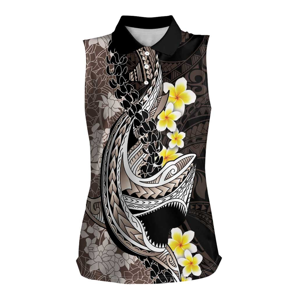 Brown and Black Hawaii Shark Tattoo Women Sleeveless Polo Shirt Puakenikeni Lei Plumeria Polynesian Pattern - Polynesian Pride