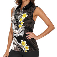 Brown and Black Hawaii Shark Tattoo Women Sleeveless Polo Shirt Puakenikeni Lei Plumeria Polynesian Pattern - Polynesian Pride