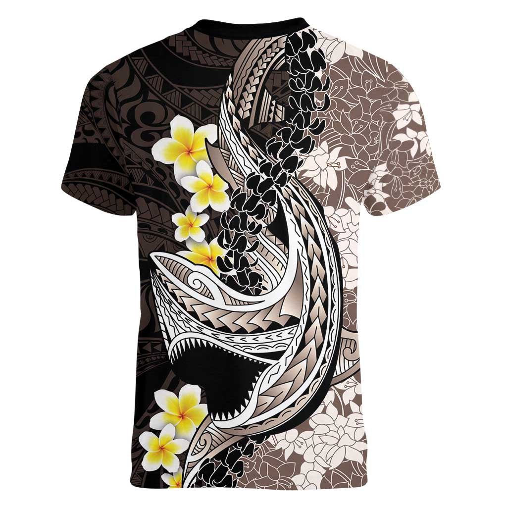 Brown and Black Hawaii Shark Tattoo Women V-Neck T-Shirt Puakenikeni Lei Plumeria Polynesian Pattern - Polynesian Pride