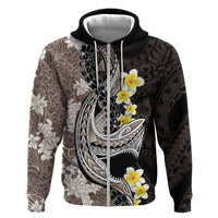 Brown and Black Hawaii Shark Tattoo Zip Hoodie Puakenikeni Lei Plumeria Polynesian Pattern - Polynesian Pride