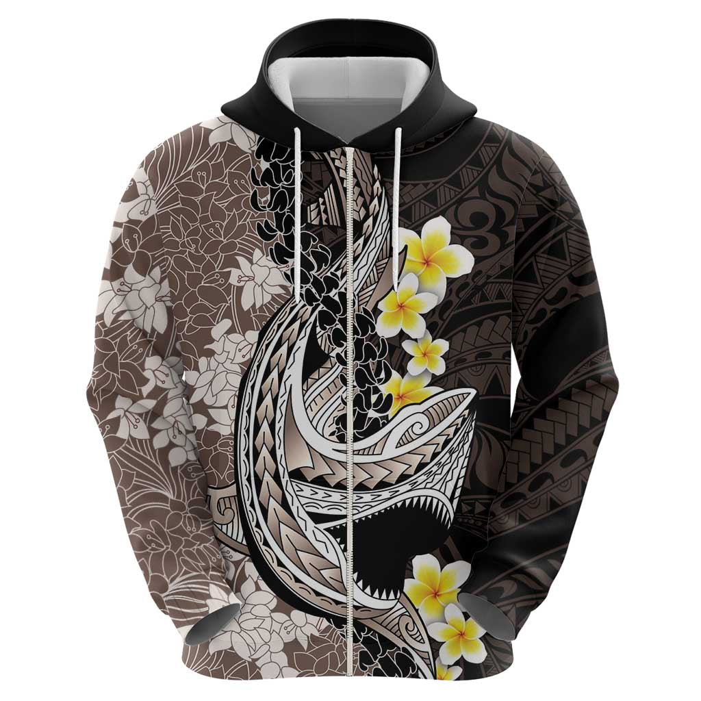 Brown and Black Hawaii Shark Tattoo Zip Hoodie Puakenikeni Lei Plumeria Polynesian Pattern - Polynesian Pride