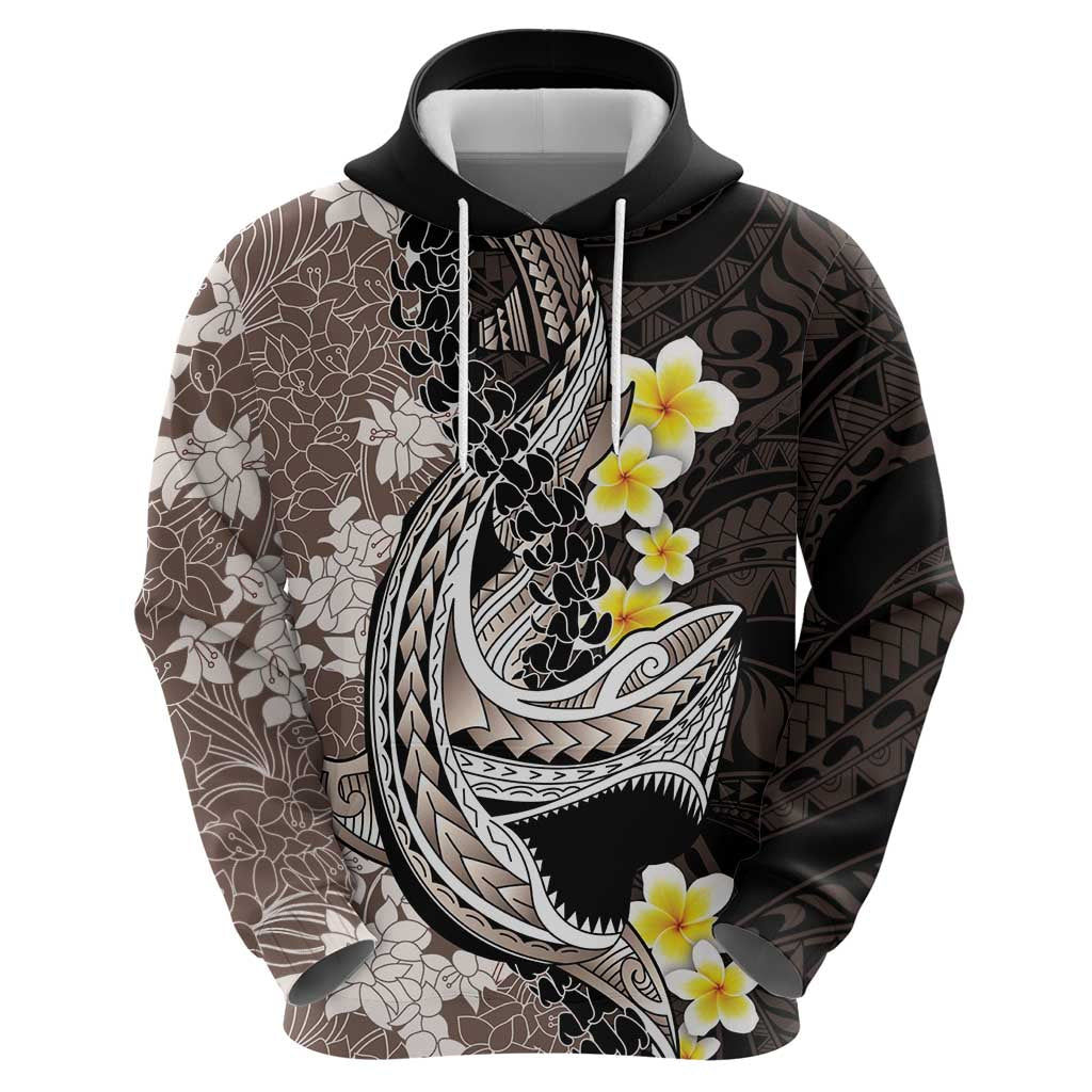 Brown and Black Hawaii Shark Tattoo Zip Hoodie Puakenikeni Lei Plumeria Polynesian Pattern - Polynesian Pride