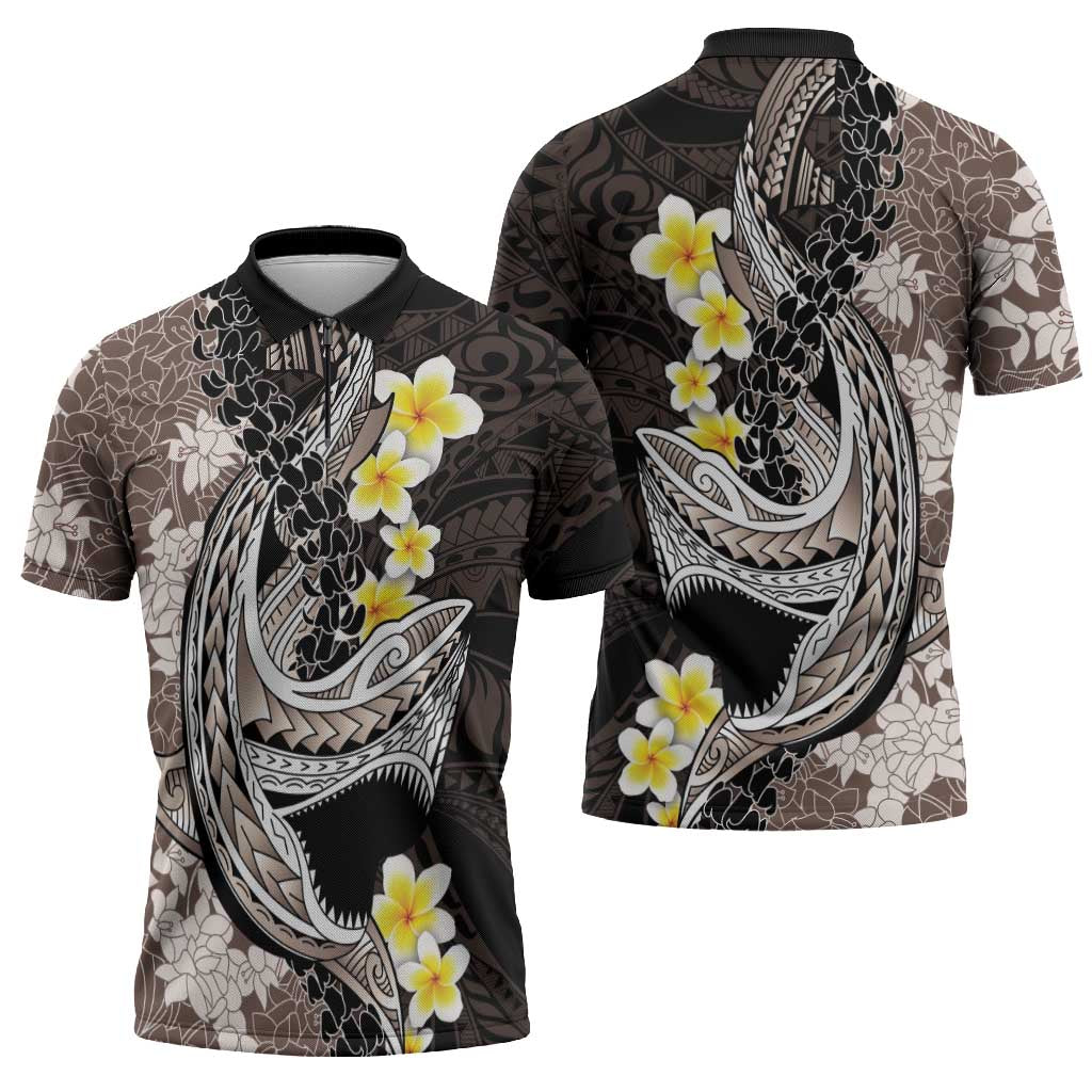 Brown and Black Hawaii Shark Tattoo Zipper Polo Shirt Puakenikeni Lei Plumeria Polynesian Pattern - Polynesian Pride
