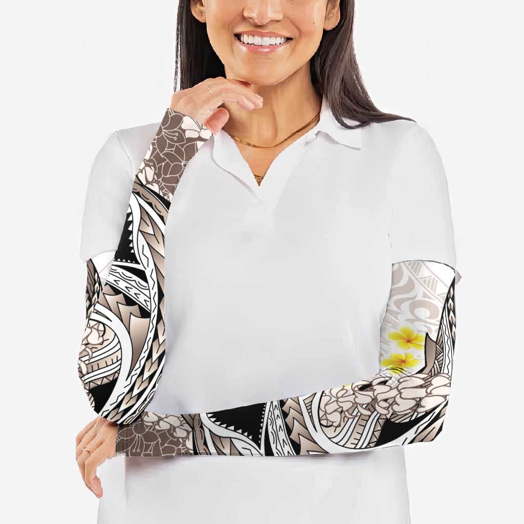 Brown and White Hawaii Shark Tattoo Arm Sleeves Puakenikeni Lei Plumeria Polynesian Pattern - Polynesian Pride
