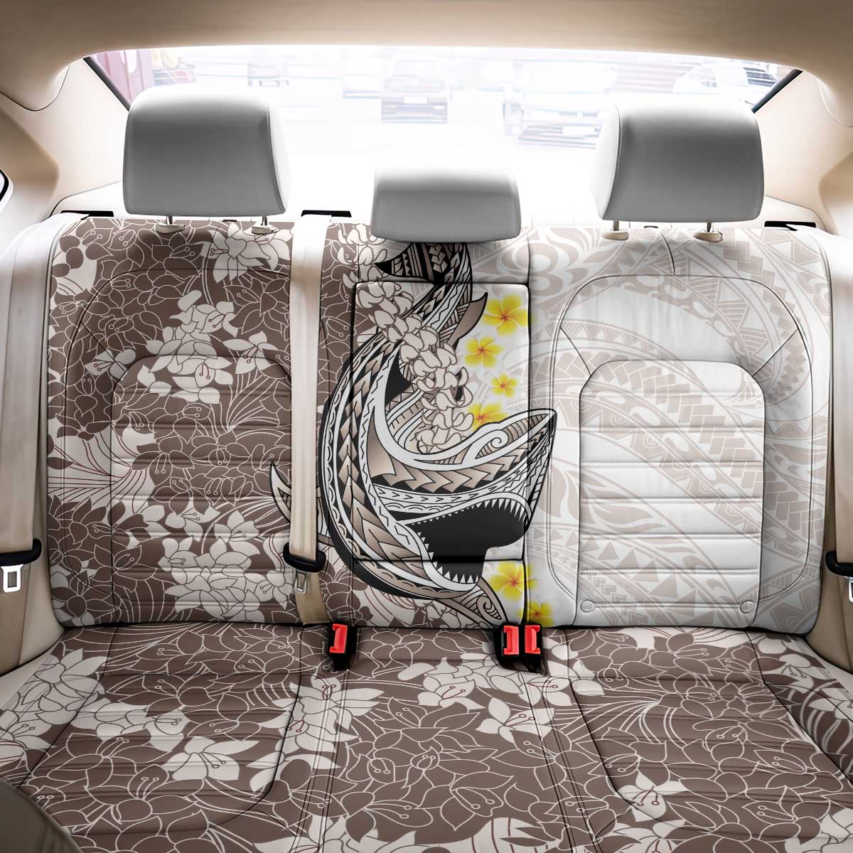 Brown and White Hawaii Shark Tattoo Back Car Seat Cover Puakenikeni Lei Plumeria Polynesian Pattern - Polynesian Pride