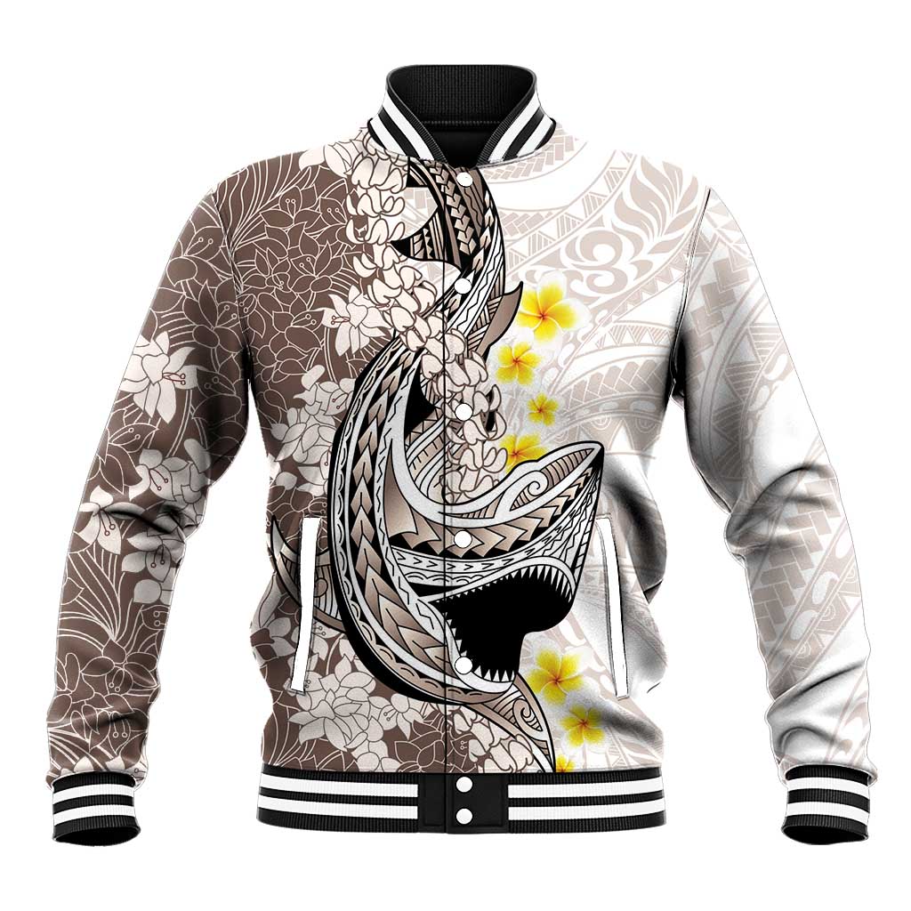 Brown and White Hawaii Shark Tattoo Baseball Jacket Puakenikeni Lei Plumeria Polynesian Pattern - Polynesian Pride