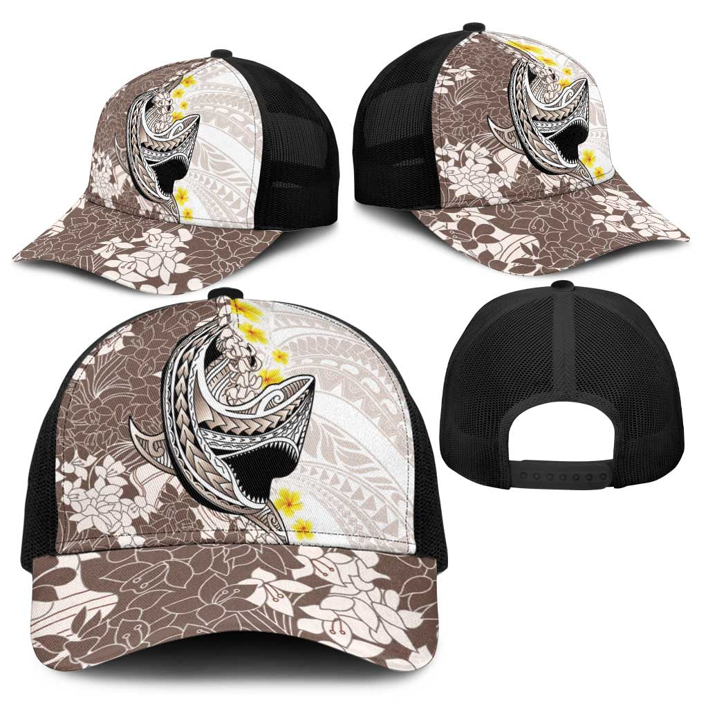 Brown and White Hawaii Shark Tattoo Baseball Net Cap Puakenikeni Lei Plumeria Polynesian Pattern - Polynesian Pride