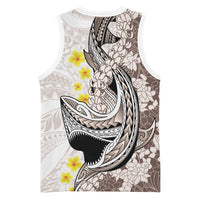 Brown and White Hawaii Shark Tattoo Basketball Jersey Puakenikeni Lei Plumeria Polynesian Pattern - Polynesian Pride