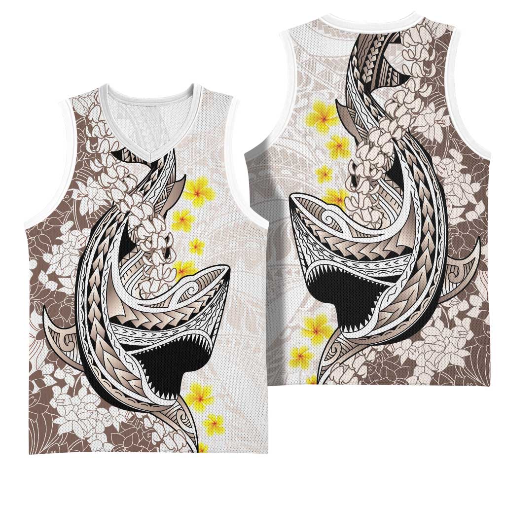 Brown and White Hawaii Shark Tattoo Basketball Jersey Puakenikeni Lei Plumeria Polynesian Pattern - Polynesian Pride