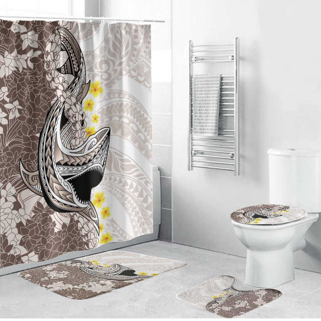 Brown and White Hawaii Shark Tattoo Bathroom Set Puakenikeni Lei Plumeria Polynesian Pattern - Polynesian Pride