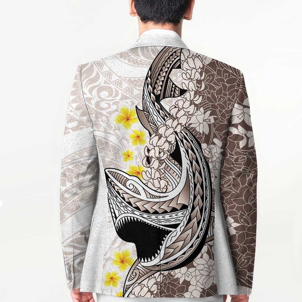 Brown and White Hawaii Shark Tattoo Blazer Puakenikeni Lei Plumeria Polynesian Pattern - Polynesian Pride