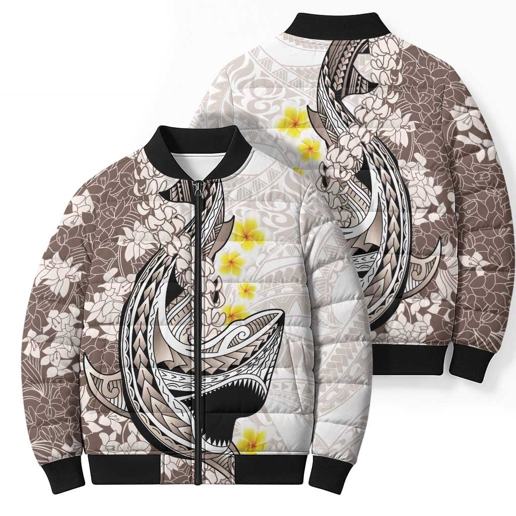 Brown and White Hawaii Shark Tattoo Bomber Puffer Jacket Puakenikeni Lei Plumeria Polynesian Pattern - Polynesian Pride