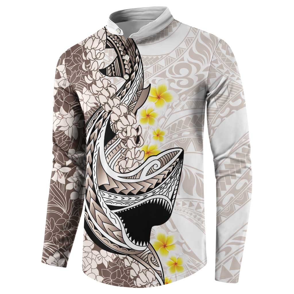 Brown and White Hawaii Shark Tattoo Button Sweatshirt Puakenikeni Lei Plumeria Polynesian Pattern - Polynesian Pride