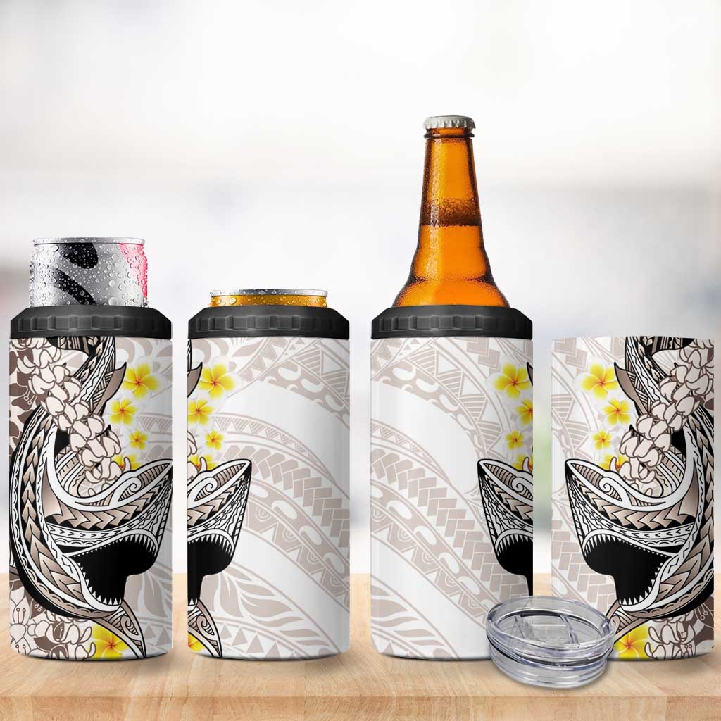 Brown and White Hawaii Shark Tattoo 4 in 1 Can Cooler Tumbler Puakenikeni Lei Plumeria Polynesian Pattern - Polynesian Pride