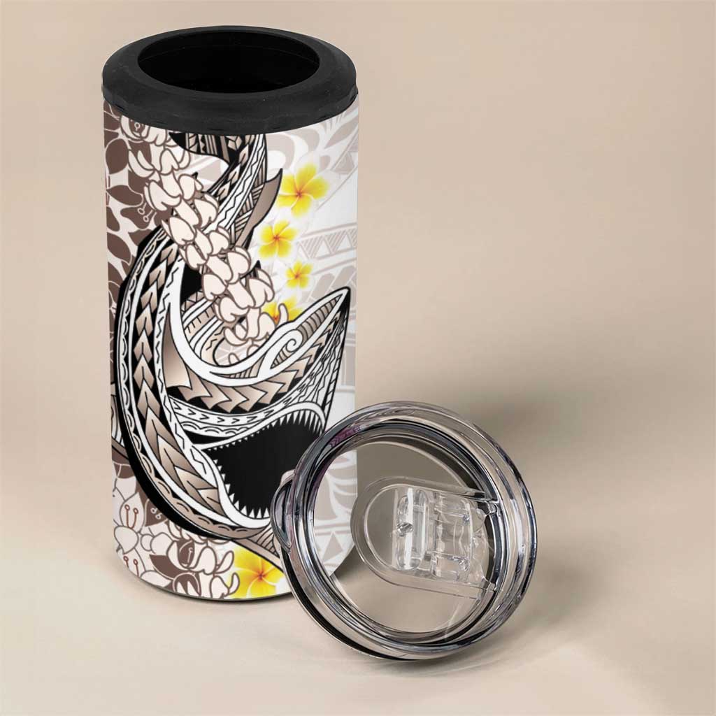 Brown and White Hawaii Shark Tattoo 4 in 1 Can Cooler Tumbler Puakenikeni Lei Plumeria Polynesian Pattern - Polynesian Pride