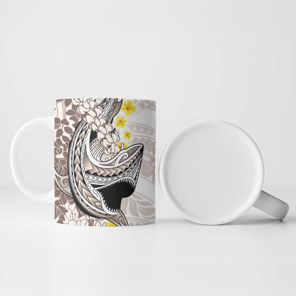 Brown and White Hawaii Shark Tattoo Ceramic Mug Puakenikeni Lei Plumeria Polynesian Pattern - Polynesian Pride