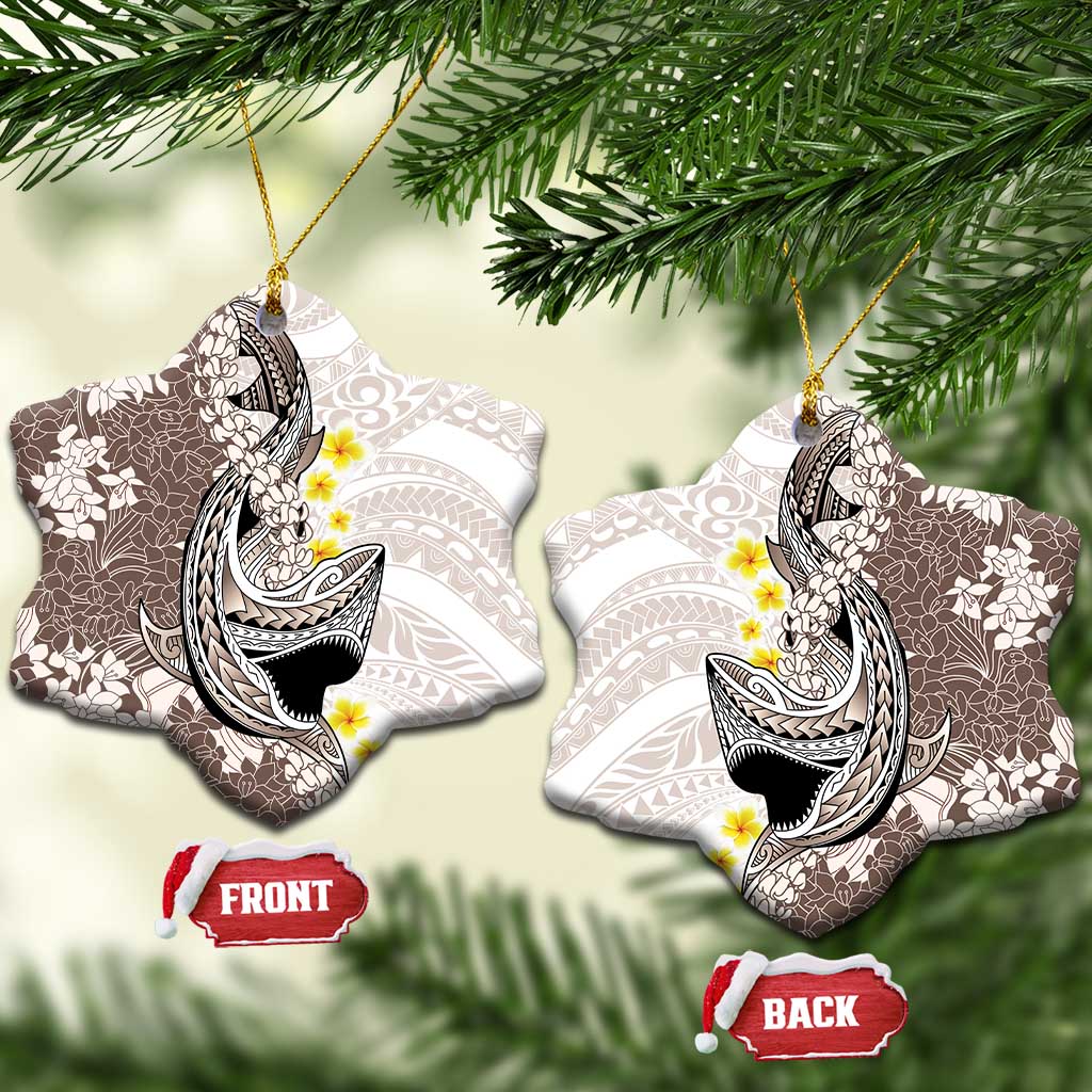 Brown and White Hawaii Shark Tattoo Ceramic Ornament Puakenikeni Lei Plumeria Polynesian Pattern - Polynesian Pride