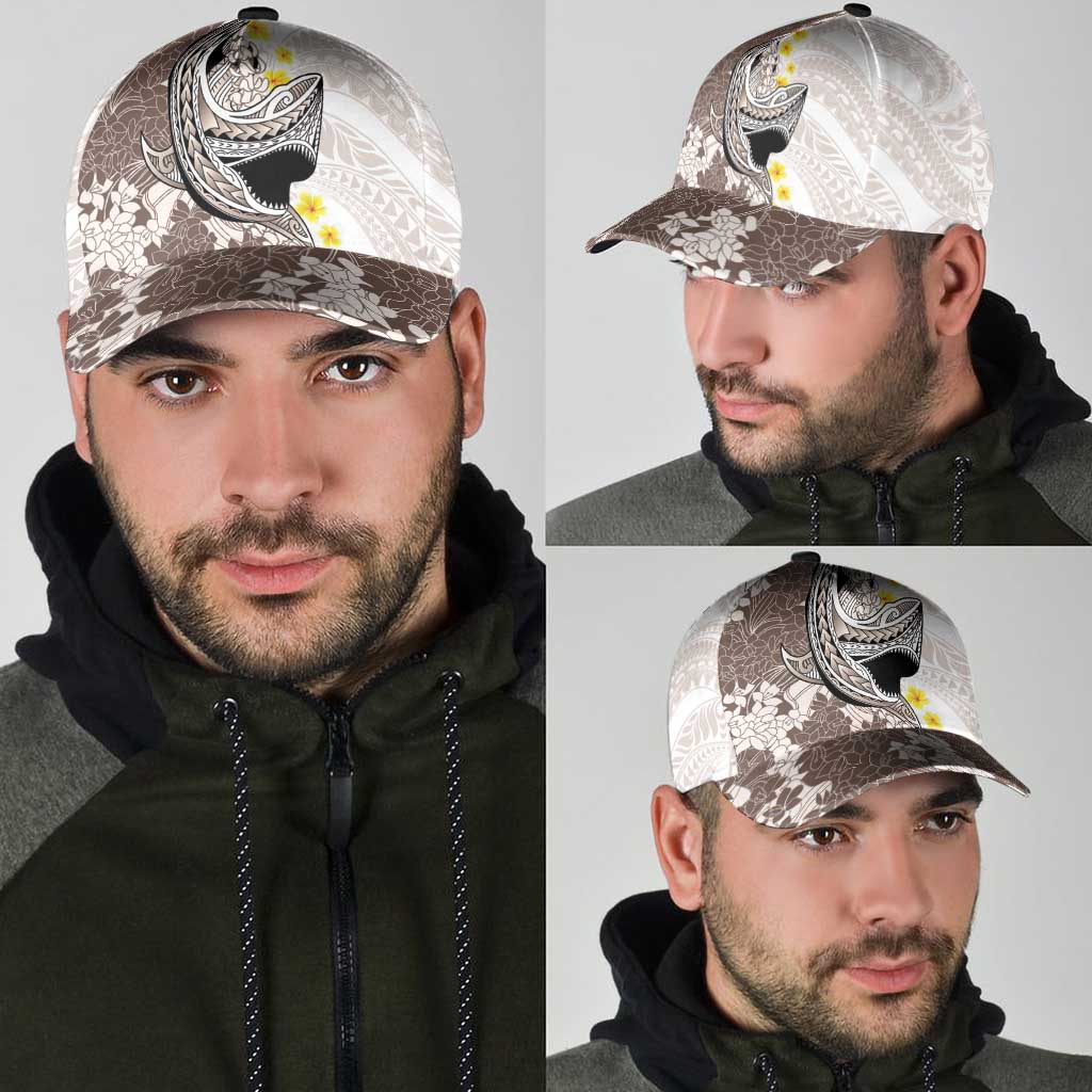 Brown and White Hawaii Shark Tattoo Classic Cap Puakenikeni Lei Plumeria Polynesian Pattern - Polynesian Pride