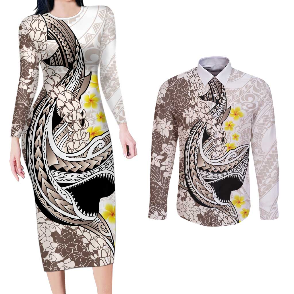 Brown and White Hawaii Shark Tattoo Couples Matching Long Sleeve Bodycon Dress and Long Sleeve Button Shirt Puakenikeni Lei Plumeria Polynesian Pattern - Polynesian Pride