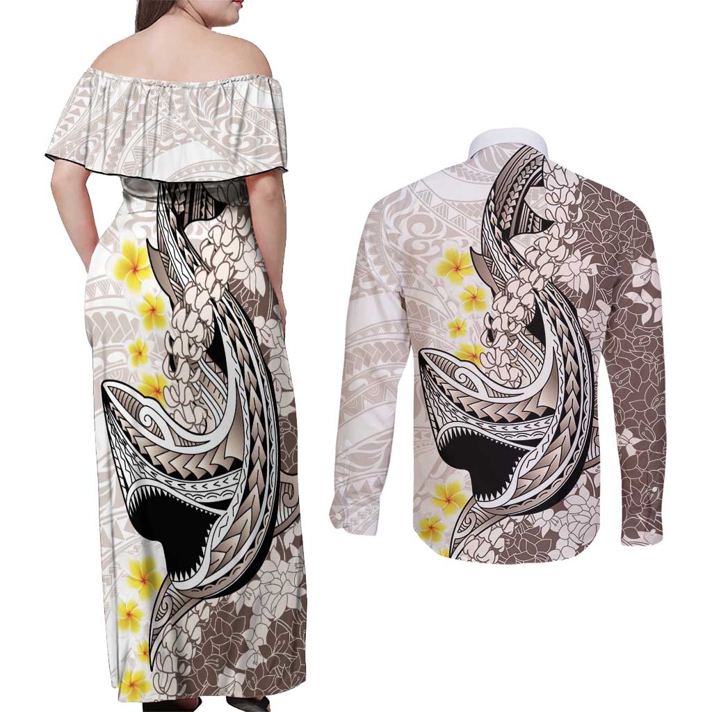 Brown and White Hawaii Shark Tattoo Couples Matching Off Shoulder Maxi Dress and Long Sleeve Button Shirt Puakenikeni Lei Plumeria Polynesian Pattern - Polynesian Pride