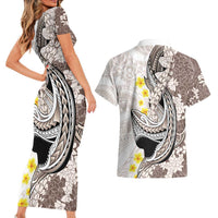 Brown and White Hawaii Shark Tattoo Couples Matching Short Sleeve Bodycon Dress and Hawaiian Shirt Puakenikeni Lei Plumeria Polynesian Pattern - Polynesian Pride