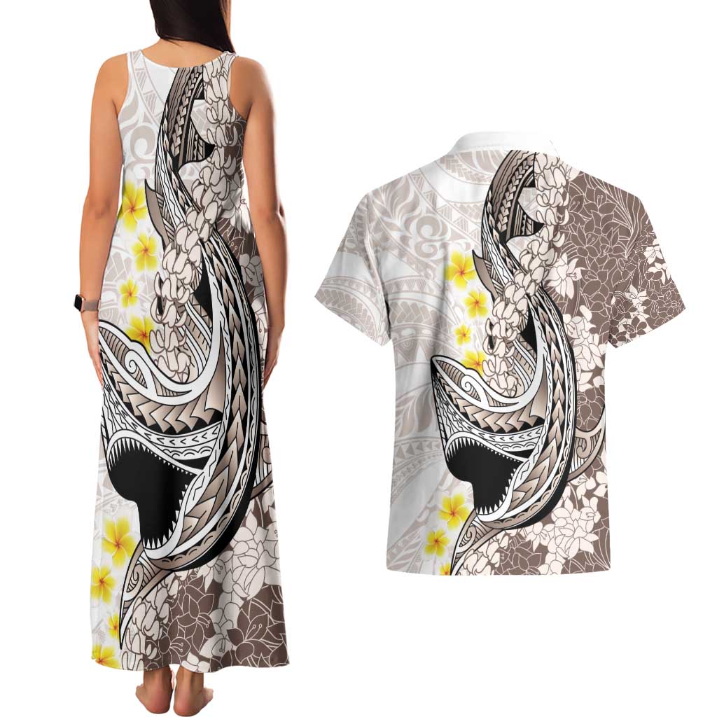 Brown and White Hawaii Shark Tattoo Couples Matching Tank Maxi Dress and Hawaiian Shirt Puakenikeni Lei Plumeria Polynesian Pattern - Polynesian Pride