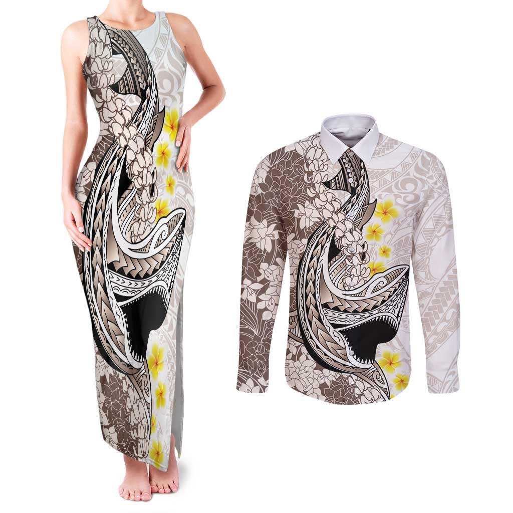 Brown and White Hawaii Shark Tattoo Couples Matching Tank Maxi Dress and Long Sleeve Button Shirt Puakenikeni Lei Plumeria Polynesian Pattern - Polynesian Pride