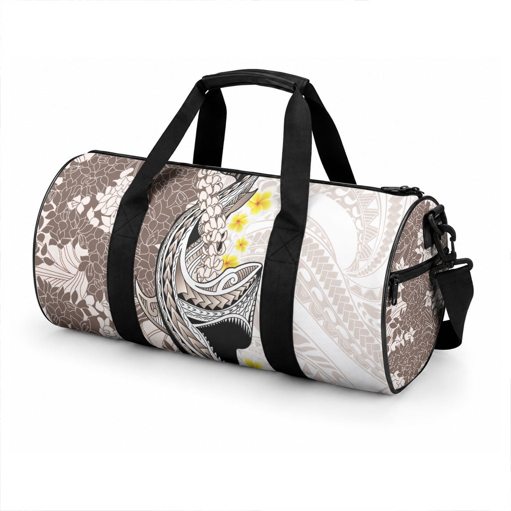 Brown and White Hawaii Shark Tattoo Duffle Bag Puakenikeni Lei Plumeria Polynesian Pattern