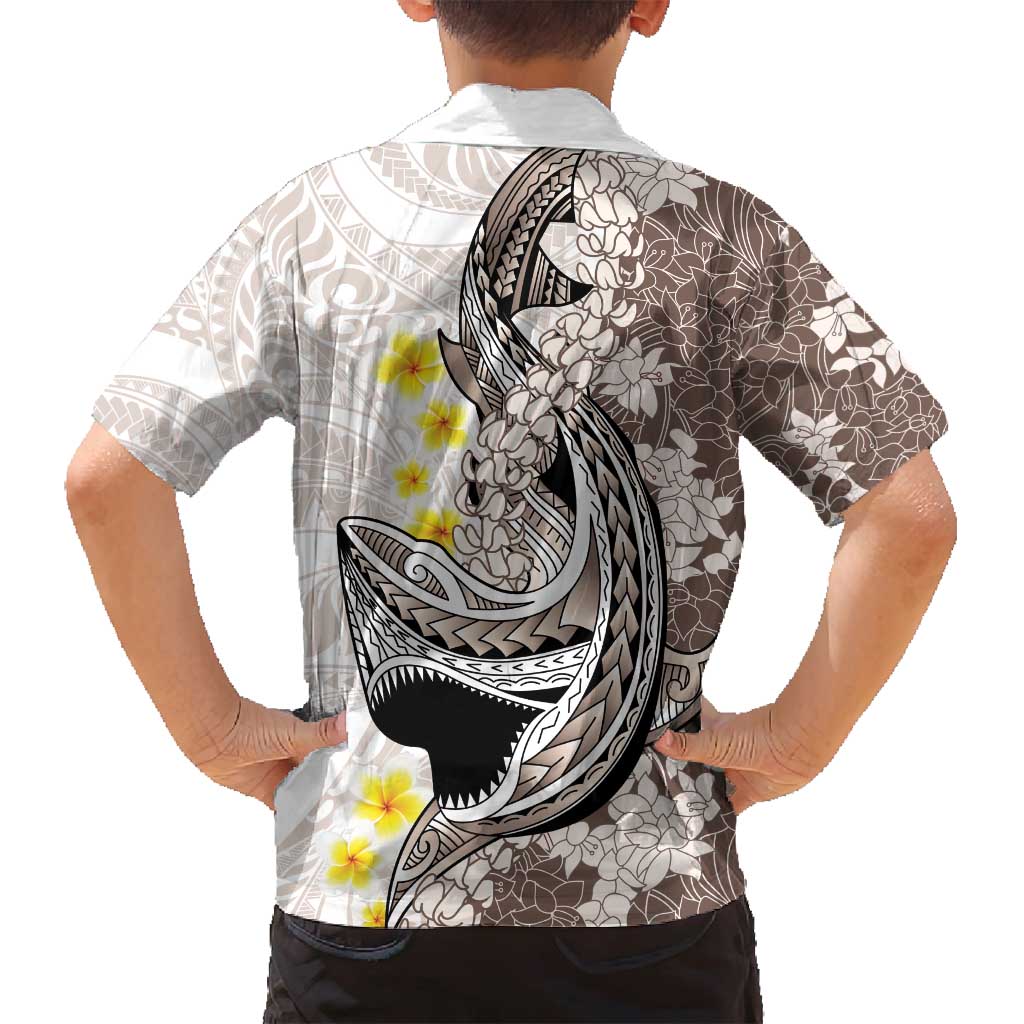 Brown and White Hawaii Shark Tattoo Family Matching Long Sleeve Bodycon Dress and Hawaiian Shirt Puakenikeni Lei Plumeria Polynesian Pattern LT14 - Polynesian Pride
