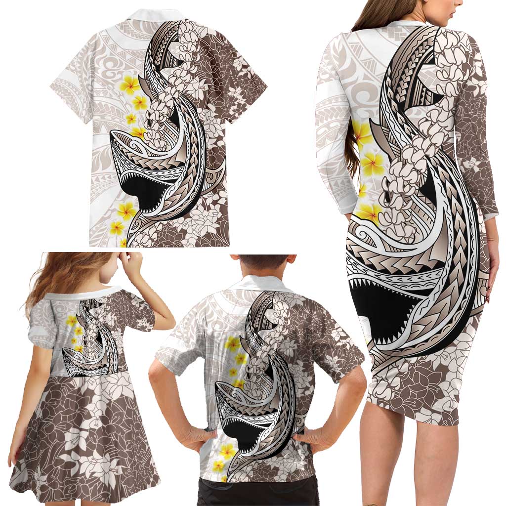 Brown and White Hawaii Shark Tattoo Family Matching Long Sleeve Bodycon Dress and Hawaiian Shirt Puakenikeni Lei Plumeria Polynesian Pattern LT14 - Polynesian Pride