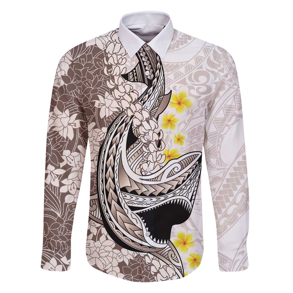 Brown and White Hawaii Shark Tattoo Family Matching Long Sleeve Bodycon Dress and Hawaiian Shirt Puakenikeni Lei Plumeria Polynesian Pattern LT14 Dad's Shirt - Long Sleeve White - Polynesian Pride