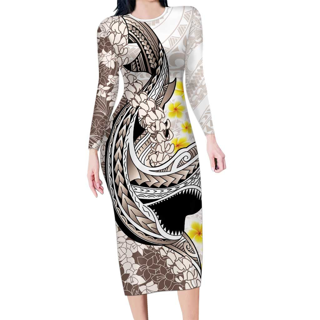 Brown and White Hawaii Shark Tattoo Family Matching Long Sleeve Bodycon Dress and Hawaiian Shirt Puakenikeni Lei Plumeria Polynesian Pattern LT14 Mom's Dress White - Polynesian Pride