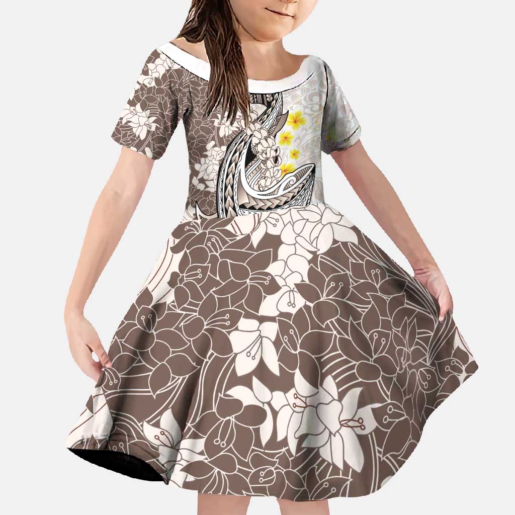 Brown and White Hawaii Shark Tattoo Family Matching Mermaid Dress and Hawaiian Shirt Puakenikeni Lei Plumeria Polynesian Pattern LT14 Daughter's Dress White - Polynesian Pride