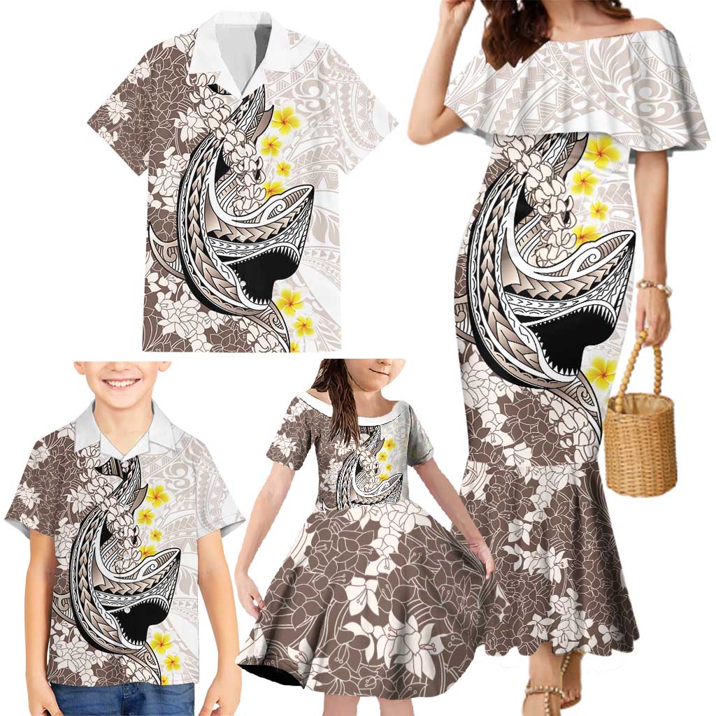 Brown and White Hawaii Shark Tattoo Family Matching Mermaid Dress and Hawaiian Shirt Puakenikeni Lei Plumeria Polynesian Pattern LT14 - Polynesian Pride
