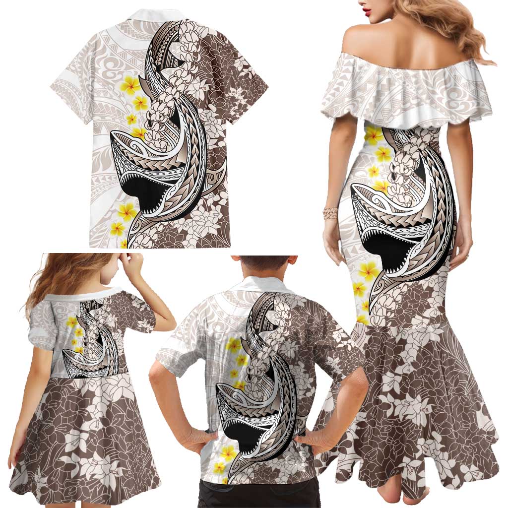 Brown and White Hawaii Shark Tattoo Family Matching Mermaid Dress and Hawaiian Shirt Puakenikeni Lei Plumeria Polynesian Pattern LT14 - Polynesian Pride