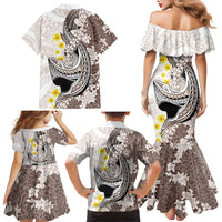 Brown and White Hawaii Shark Tattoo Family Matching Mermaid Dress and Hawaiian Shirt Puakenikeni Lei Plumeria Polynesian Pattern LT14 - Polynesian Pride