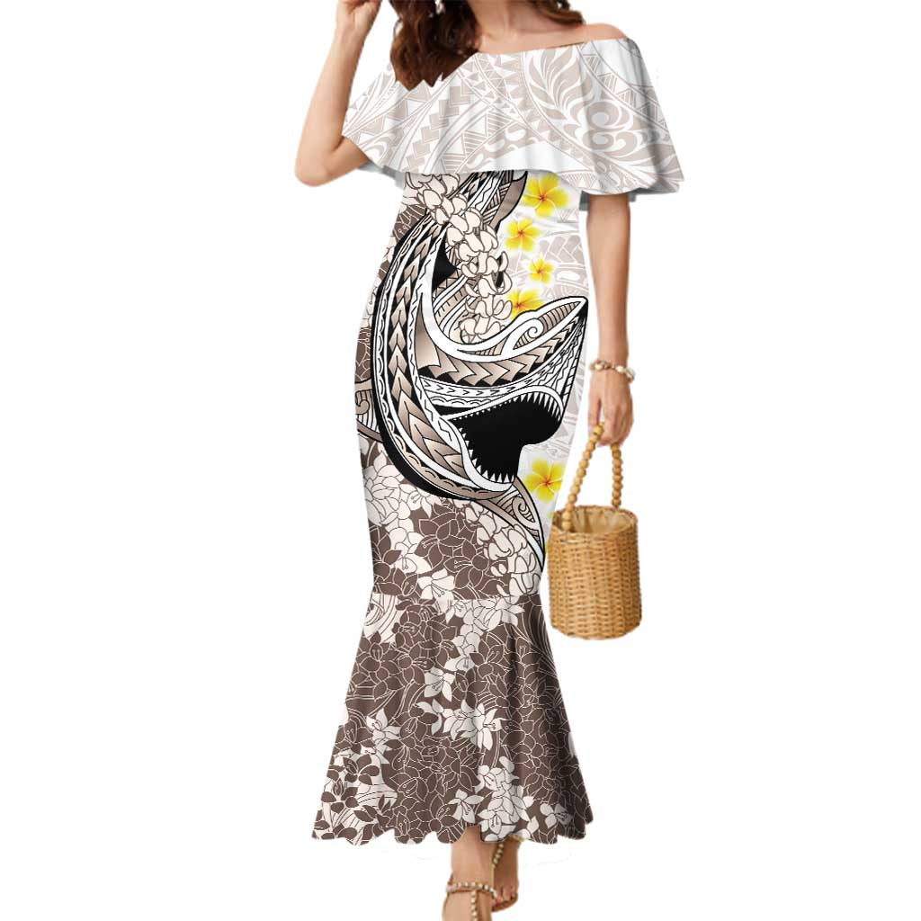 Brown and White Hawaii Shark Tattoo Family Matching Mermaid Dress and Hawaiian Shirt Puakenikeni Lei Plumeria Polynesian Pattern LT14 Mom's Dress White - Polynesian Pride