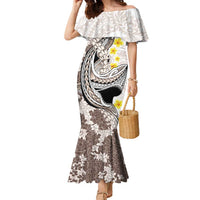 Brown and White Hawaii Shark Tattoo Family Matching Mermaid Dress and Hawaiian Shirt Puakenikeni Lei Plumeria Polynesian Pattern LT14 Mom's Dress White - Polynesian Pride