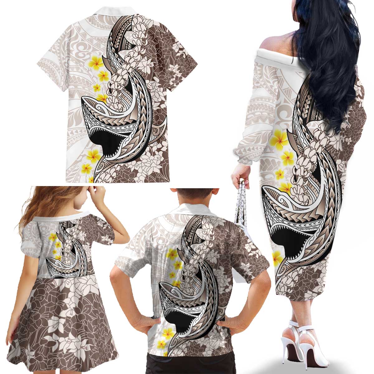 Brown and White Hawaii Shark Tattoo Family Matching Off The Shoulder Long Sleeve Dress and Hawaiian Shirt Puakenikeni Lei Plumeria Polynesian Pattern - Polynesian Pride