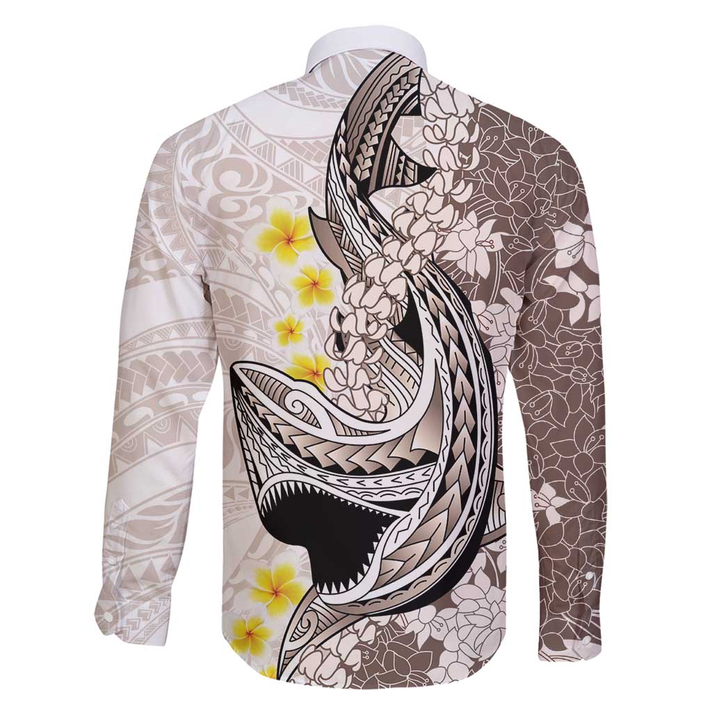 Brown and White Hawaii Shark Tattoo Family Matching Off Shoulder Maxi Dress and Hawaiian Shirt Puakenikeni Lei Plumeria Polynesian Pattern - Polynesian Pride