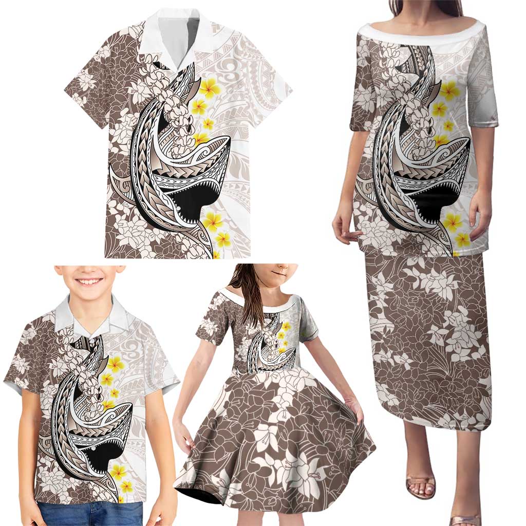 Brown and White Hawaii Shark Tattoo Family Matching Puletasi and Hawaiian Shirt Puakenikeni Lei Plumeria Polynesian Pattern - Polynesian Pride