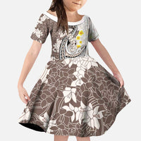Brown and White Hawaii Shark Tattoo Family Matching Short Sleeve Bodycon Dress and Hawaiian Shirt Puakenikeni Lei Plumeria Polynesian Pattern LT14 Daughter's Dress White - Polynesian Pride