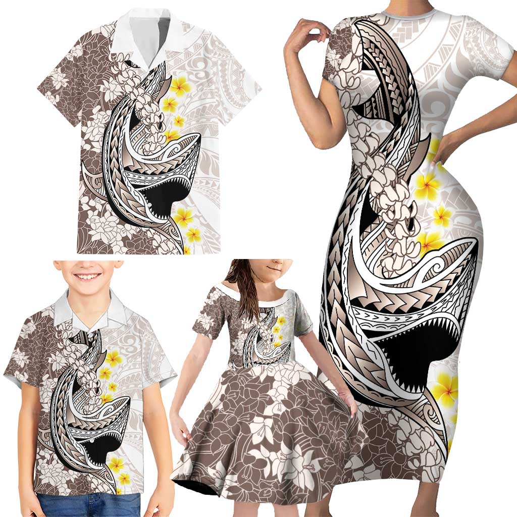 Brown and White Hawaii Shark Tattoo Family Matching Short Sleeve Bodycon Dress and Hawaiian Shirt Puakenikeni Lei Plumeria Polynesian Pattern - Polynesian Pride