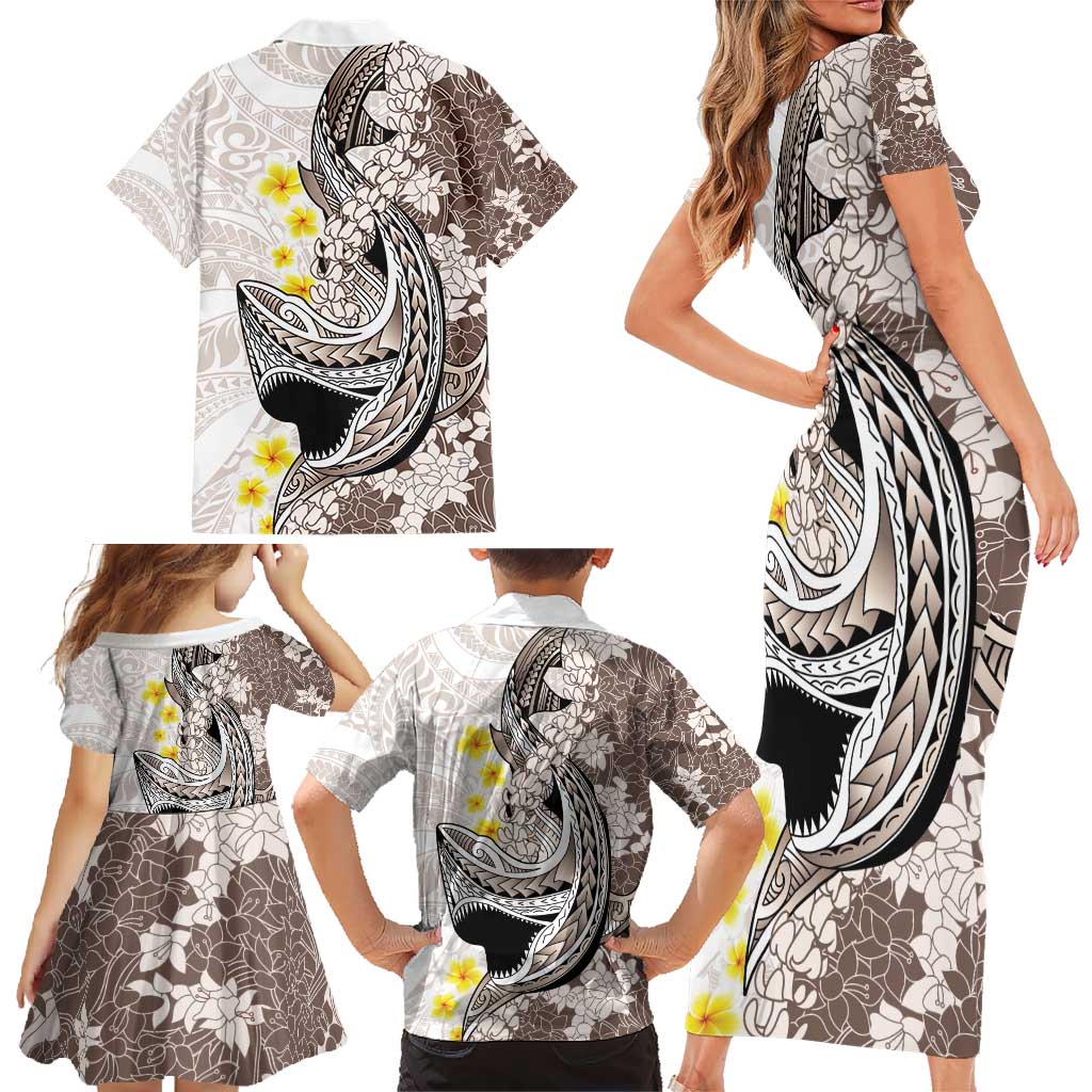 Brown and White Hawaii Shark Tattoo Family Matching Short Sleeve Bodycon Dress and Hawaiian Shirt Puakenikeni Lei Plumeria Polynesian Pattern LT14 - Polynesian Pride