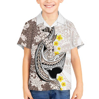Brown and White Hawaii Shark Tattoo Family Matching Short Sleeve Bodycon Dress and Hawaiian Shirt Puakenikeni Lei Plumeria Polynesian Pattern LT14 Son's Shirt White - Polynesian Pride