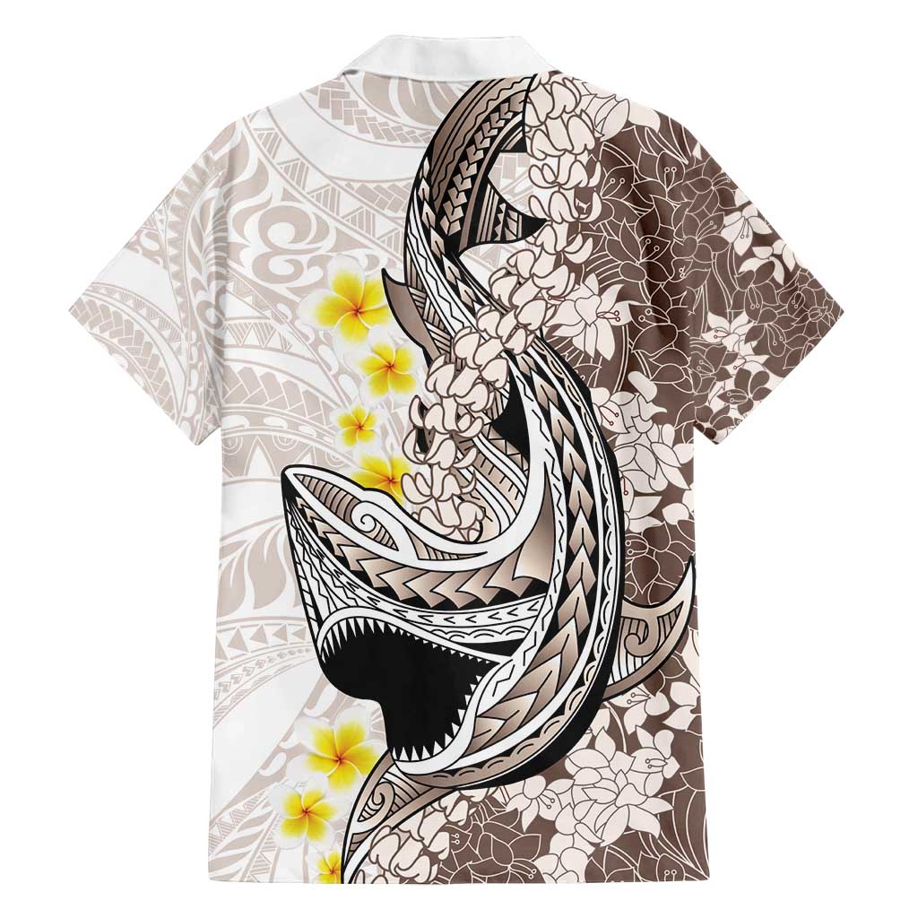 Brown and White Hawaii Shark Tattoo Family Matching Summer Maxi Dress and Hawaiian Shirt Puakenikeni Lei Plumeria Polynesian Pattern - Polynesian Pride