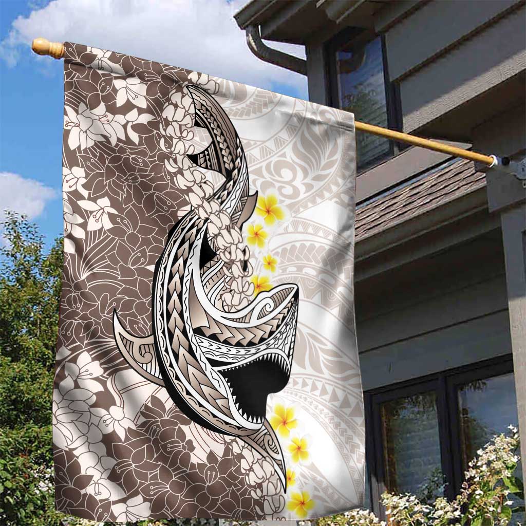 Brown and White Hawaii Shark Tattoo Garden Flag Puakenikeni Lei Plumeria Polynesian Pattern - Polynesian Pride